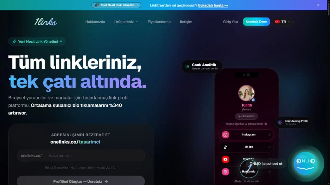 Onelinks ana sayfa önizlemesi